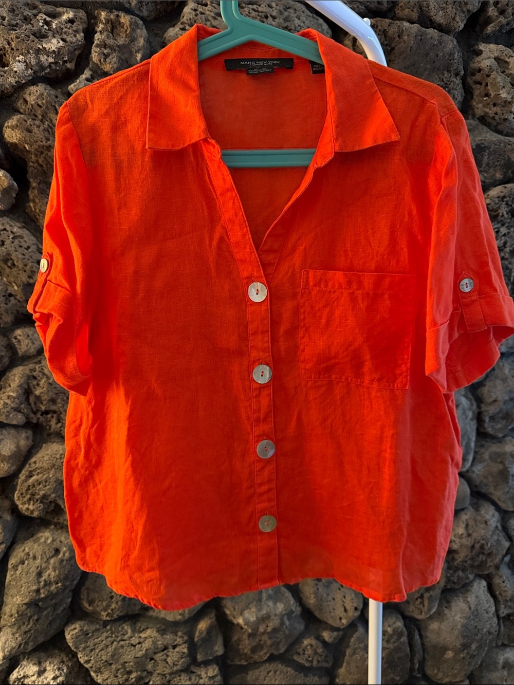 NWOT Marc New York 100% Linen Button-Up Shirt in Red-Orange